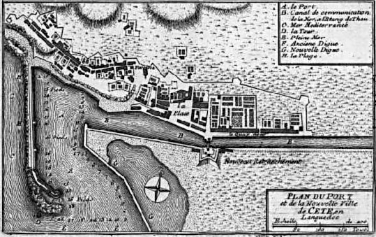 Carte ancienne du Port de Sète. Titre de la gravure : Le plan du port et de la nouvelle ville de Cète (Sète) en Languedoc. Où l'on voit : Le port, le canal de communication de la mer à l'étang de Thau, la mer Méditerranée, la tour, l'ancienne digue, la nouvelle digue, la plage.