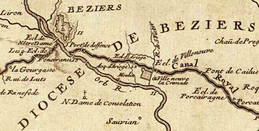 Un détail de la carte de Nolin qui montre l'écluse de Fonserannes, Béziers 
et la traversée de l'Orb par le Canal du Midi avant la construction du Pont Canal