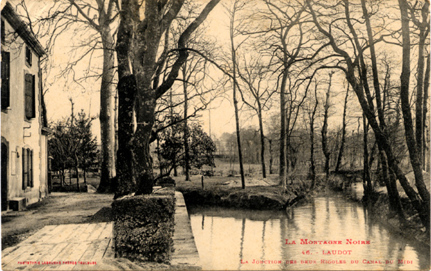On distingue de face, la jonction de la Rigole de la Plaine et l'arriv&eacute;e de la Rigole de la Montagne par le ruisseau Laudot