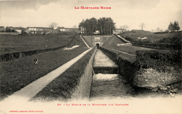 Perspective sur la Rigole de la Montagne aux Cammazes. aujourd'hui, tout est bois&eacute;... alors, tout &eacute;tait nu. un chien solitaire se prom&egrave;ne... et la rigole suit son cours...