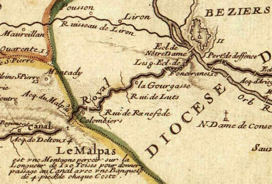Carte ancienne du Canal du Midi, vers Beziers