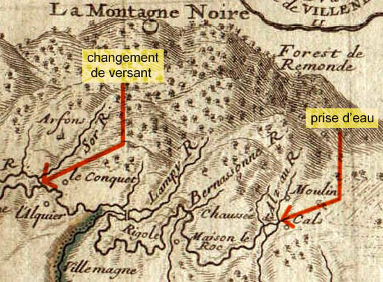 Carte ancienne du Canal du Midi, Montagne Noire