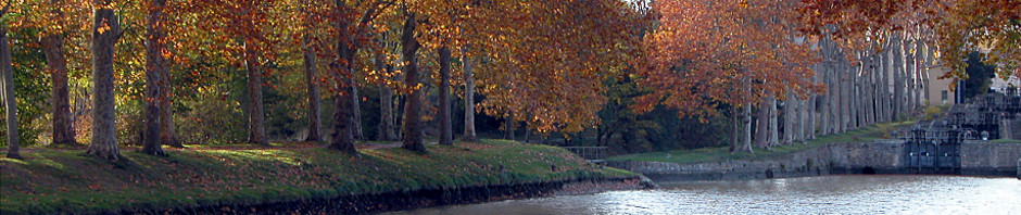 Le Canal du Midi : Vue d'amont des écluses Saint-Roch à Castelnaudary. Couleurs d'automne.