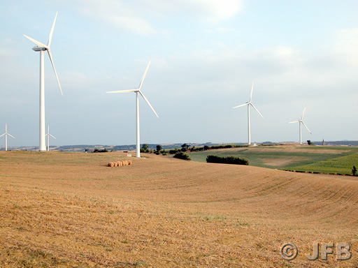 Vue des éoliennes d'Avignonet-Lauragais, en été, après la fenaison. Quelques meules de foin...