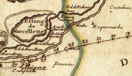 Carte ancienne de l'étang de Marseillette, alors qu'il nétait pas encore asséché (Orthographe de l'époque : Eftang de Marceillette). Le Canal du Midi est parfaitement visible (en noir) et la rivière Aude, est clairement déssinée au Sud du Canal.