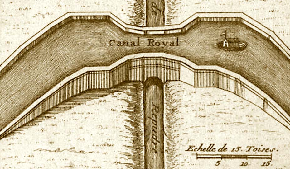 Décor d'une carte de Nicolas De Fer : Le Pont-canal du Répudre. Image transformée de couleur sépia