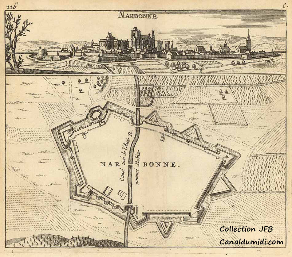 Une gravure de Narbonne d'après Jakob Van Meurs (1662) : Il s'agit d'une gravure ancienne sur laquelle on aperçoit dans une première partie, la ville de Narbonne avec ses églises et ses remparts. Ensuite, dans la seconde partie, le plan des remparts de la ville est développé. Il s'agit de fortifications de type Vauban. Le canal de l'Aude, nommé Robine, est également figuré
